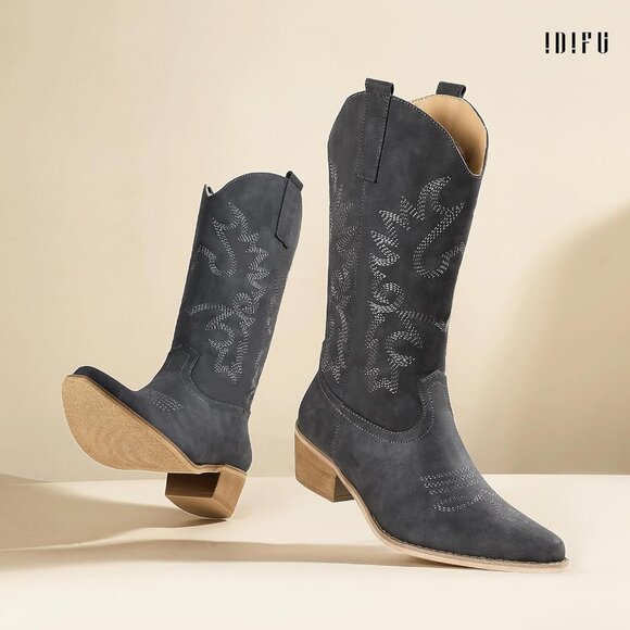 Women Grey Manmade Material Mid Calf Embroidered Low Heel Pointed Toe Boots - Picture 5 of 6